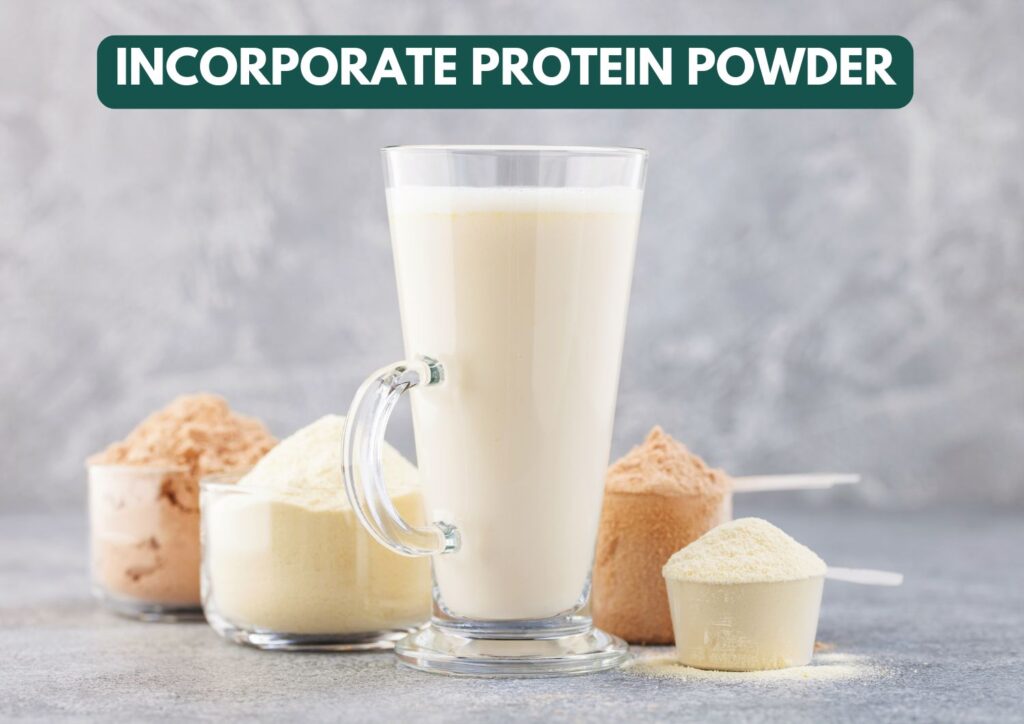 a glass of milk and different types of protein powder