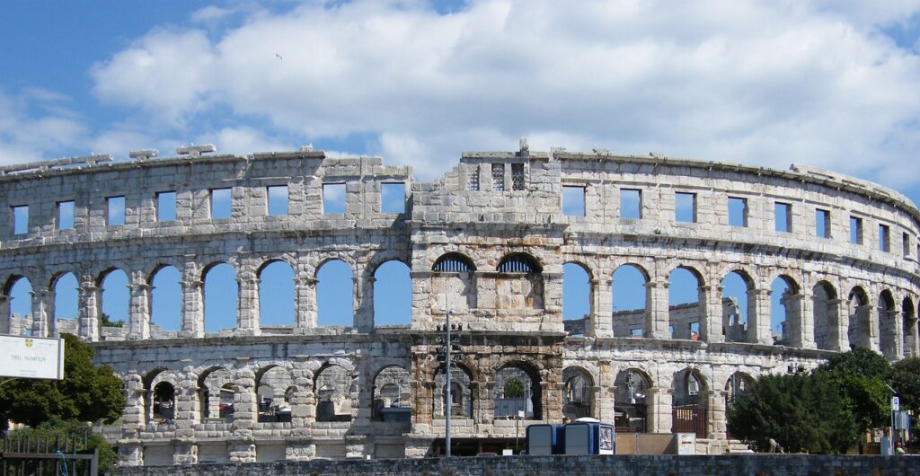 Pula Amphitheatre was constructed between 27 BC and 68 AD and is only one of six surviving large Roman arenas