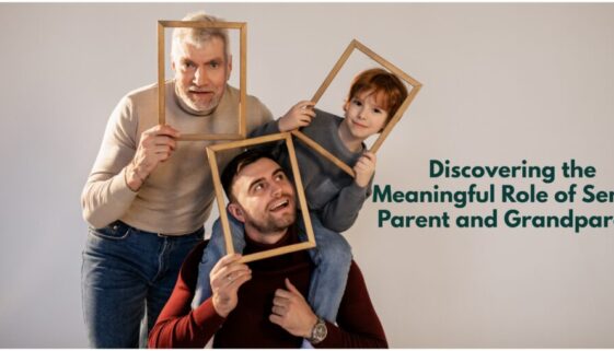 Three generation holding a photo frame with a text 'Deiscovering the meaningful role of senior parent and grandparent'