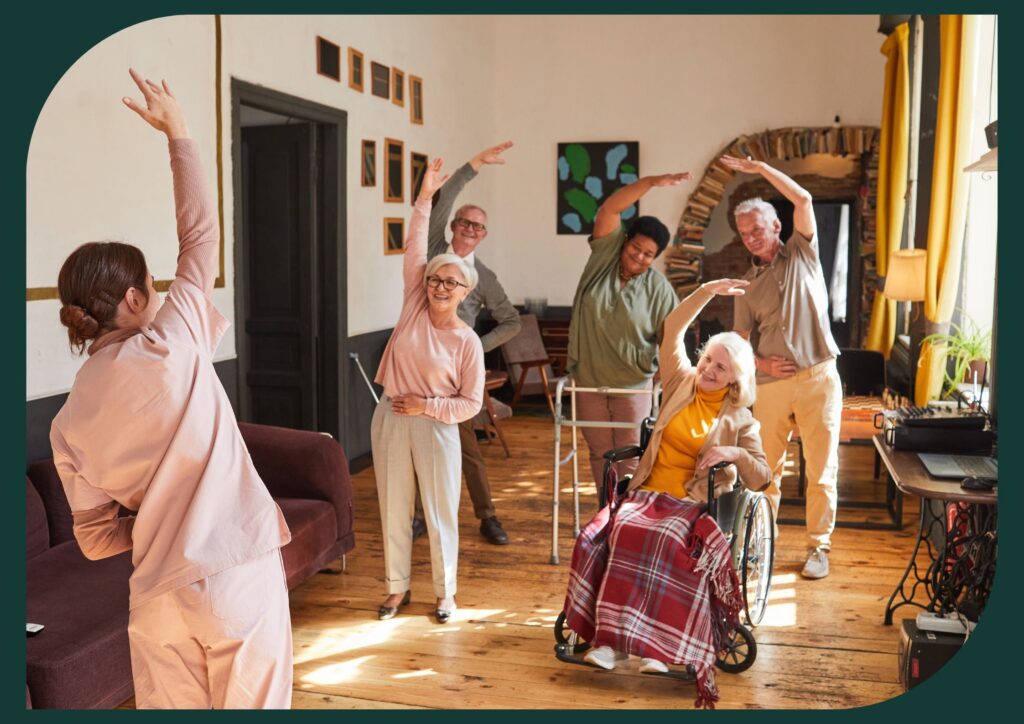 Seniors stretching in a retirement home.