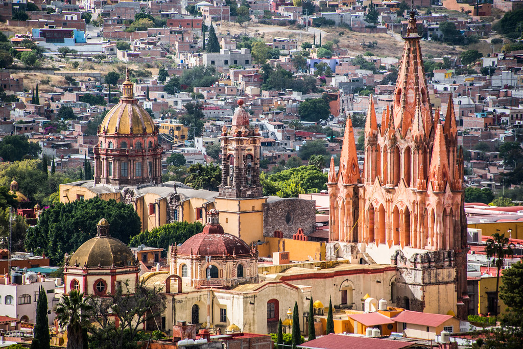 An aerial image of San Miguel de Allende and its cathedral. 