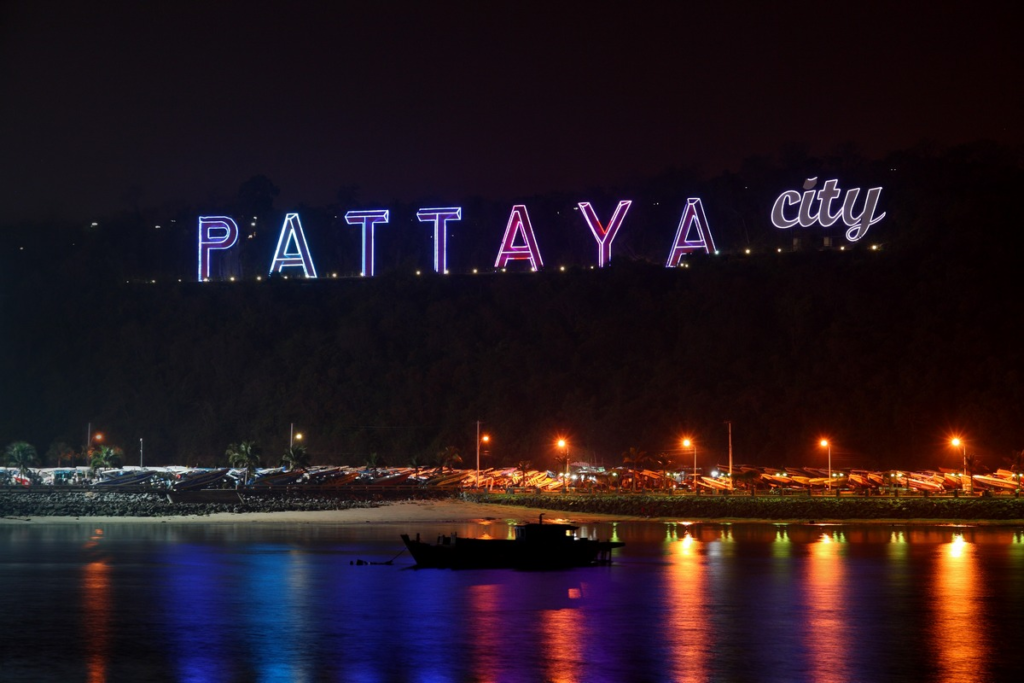 An image of Pattaya City neon sign at night. 