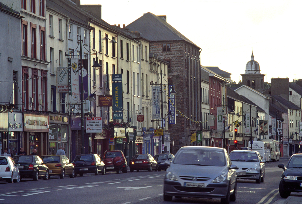 A row of shops in the historical street of Waterford Ireland. 