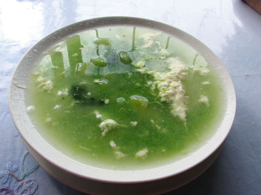 A bowl of vegan caldo verde, one of the Portuguese cuisines. 