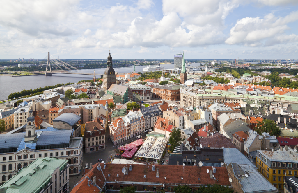 An aerial view of Riga's city district. 