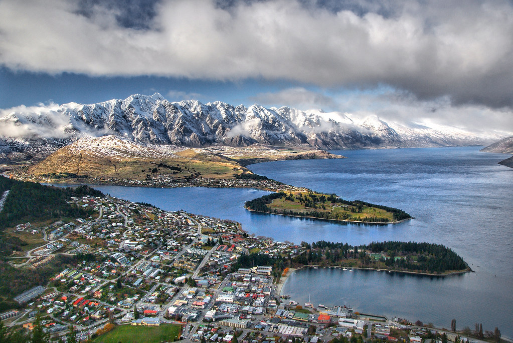 An aerial view of Queenstown, one of the best senior vacation spots in New Zealand.