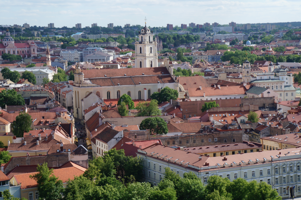 An aerial shot of Vilnius Old Town. One of many locations in senior trips to Lithuania.