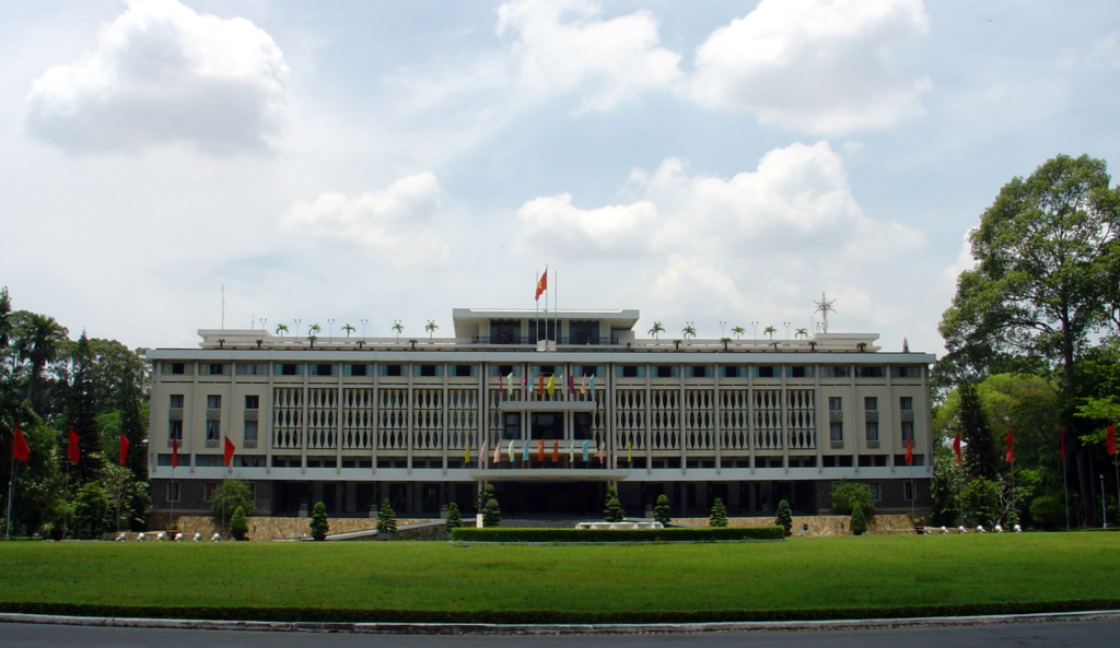 An image of the Reunification Palace front entrance.
