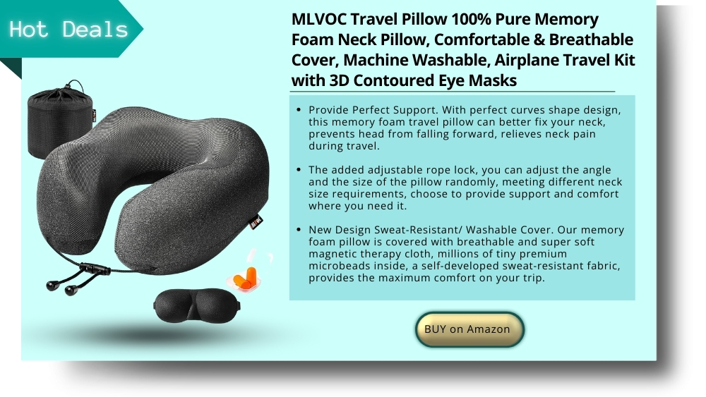 MLVOC Travel Pillow 100% Pure Memory Foam Neck Pillow, Comfortable & Breathable Cover, Machine Washable, Airplane Travel Kit with 3D Contoured Eye Masks