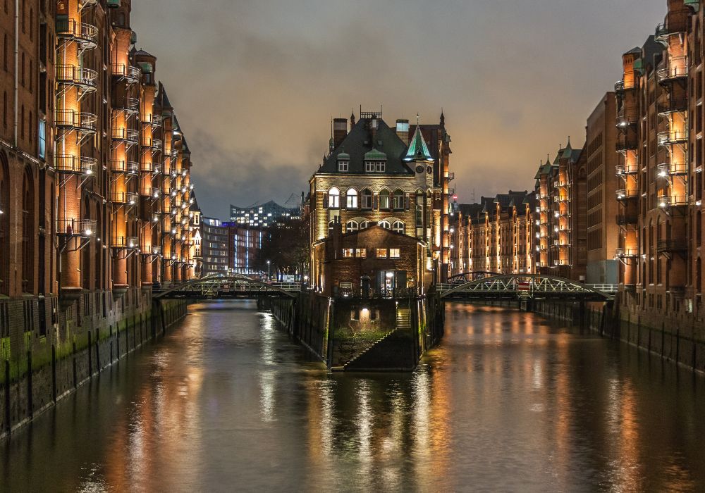 An image of the Hamburg’s Speicherstadt district taken from the river. 