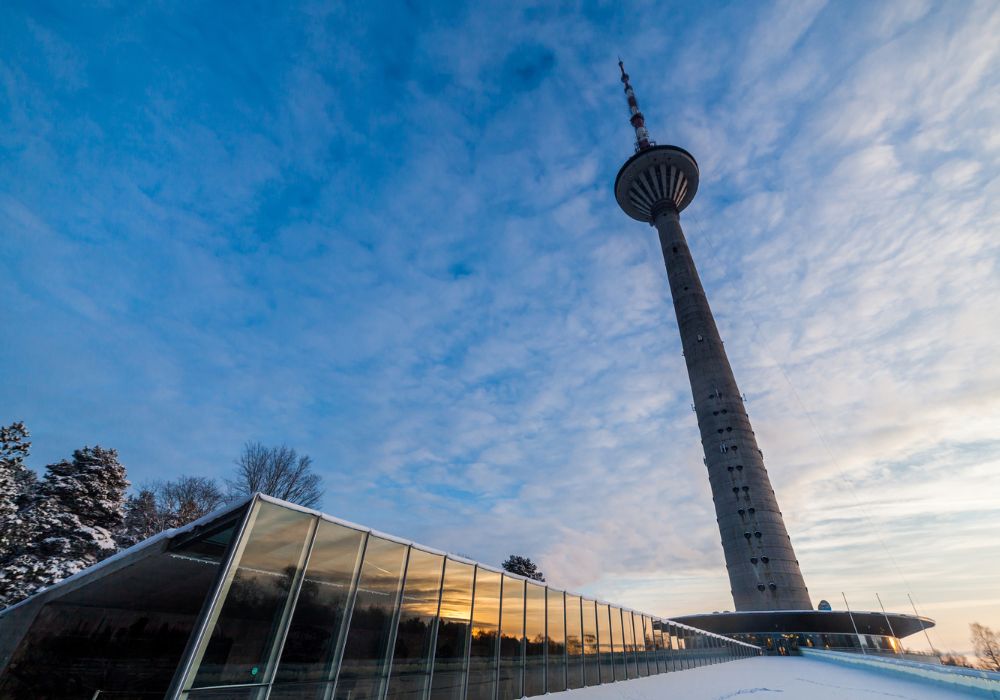 an image of the Tallinn TV tower from the ground. 